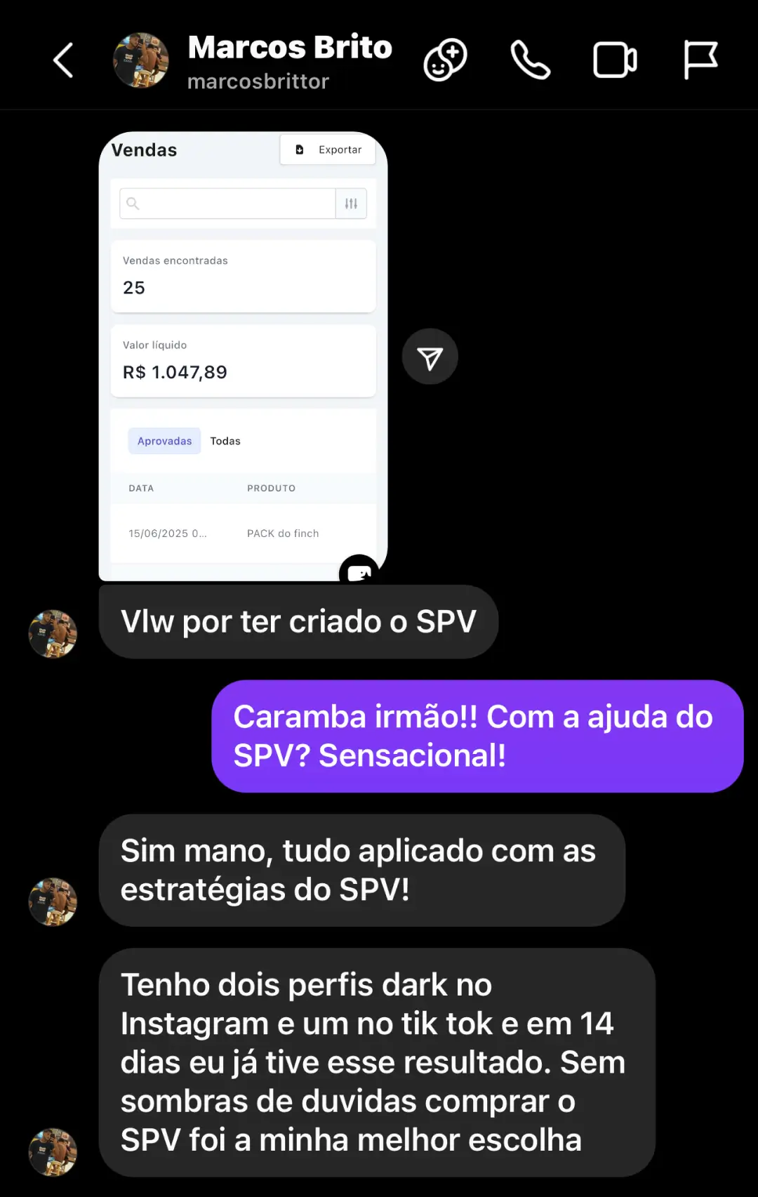 Print do relato de Marcos Brito sobre vendas online
