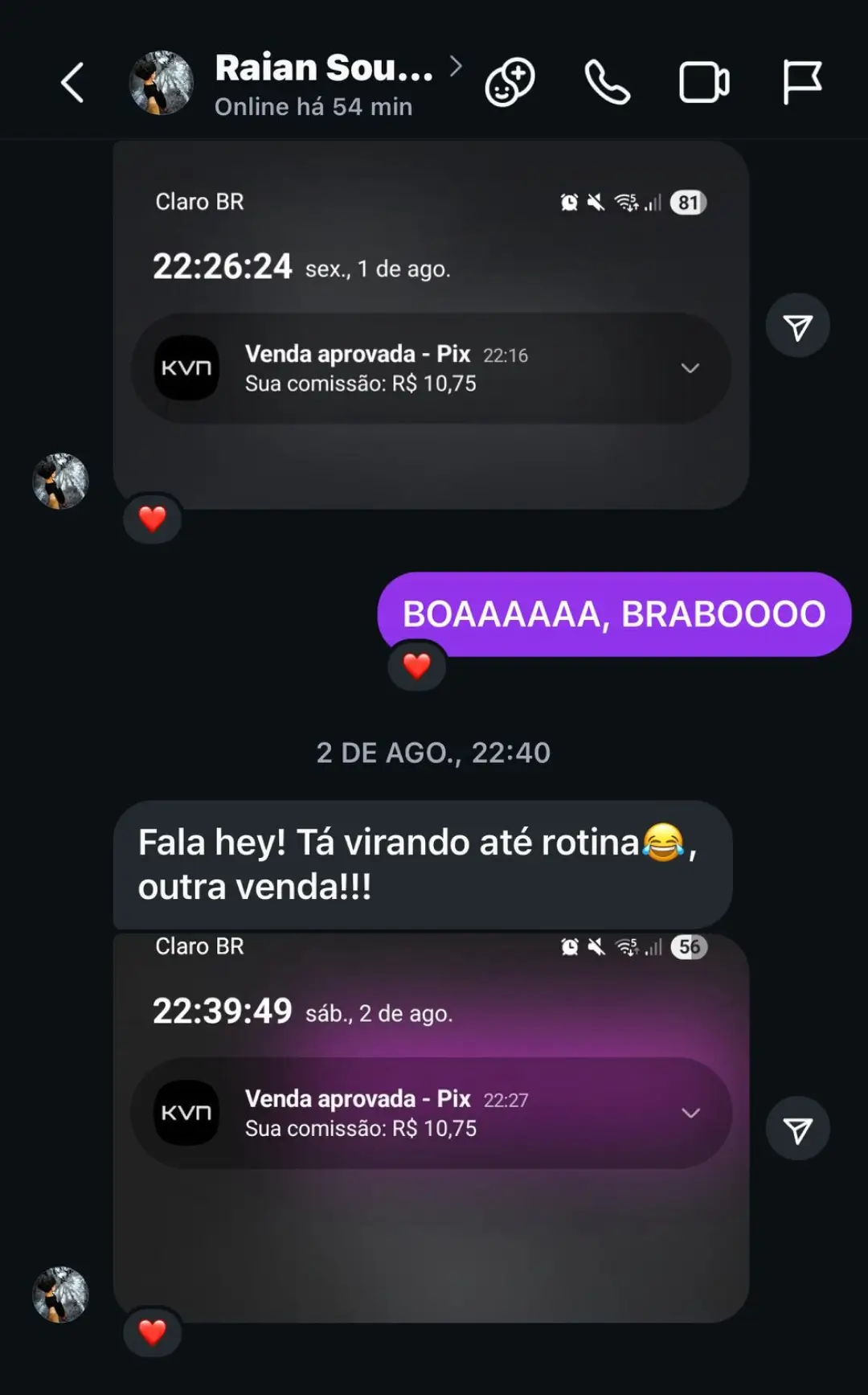 Print do relato de Raian sobre vendas online