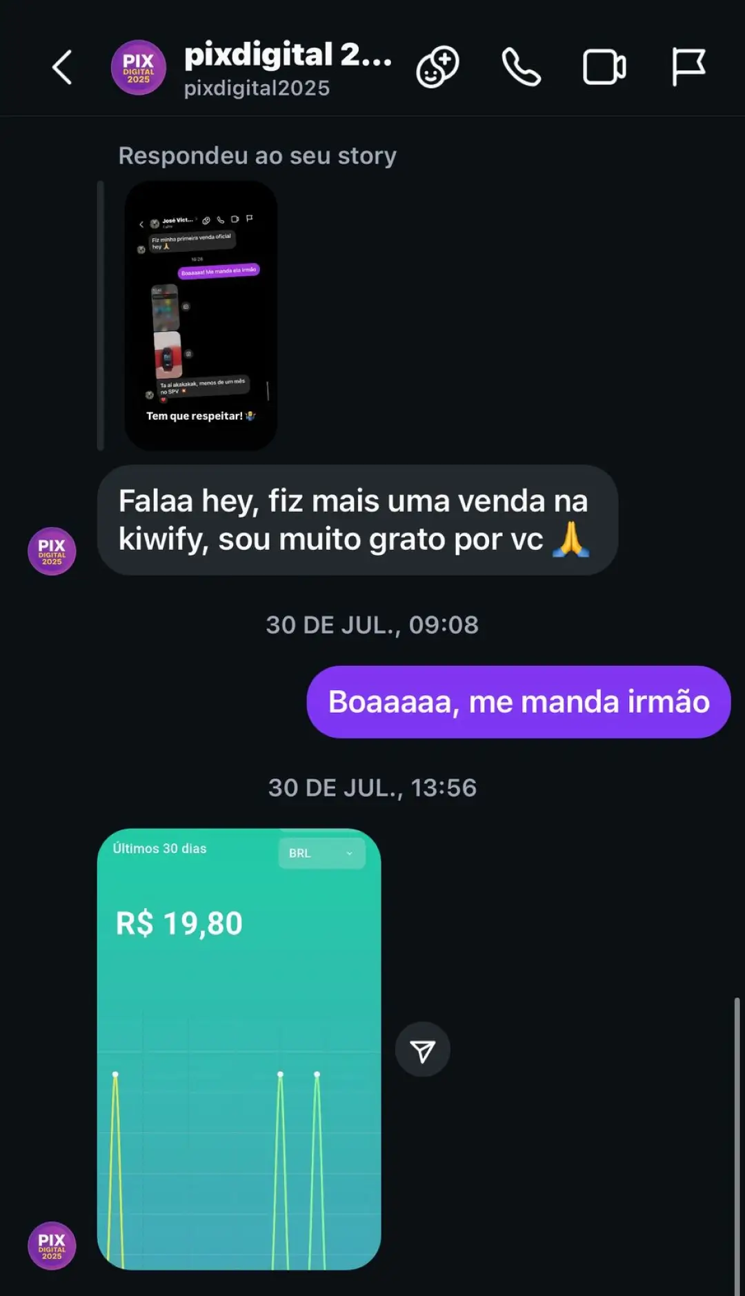 Print do relato de Pix Digital sobre vendas online