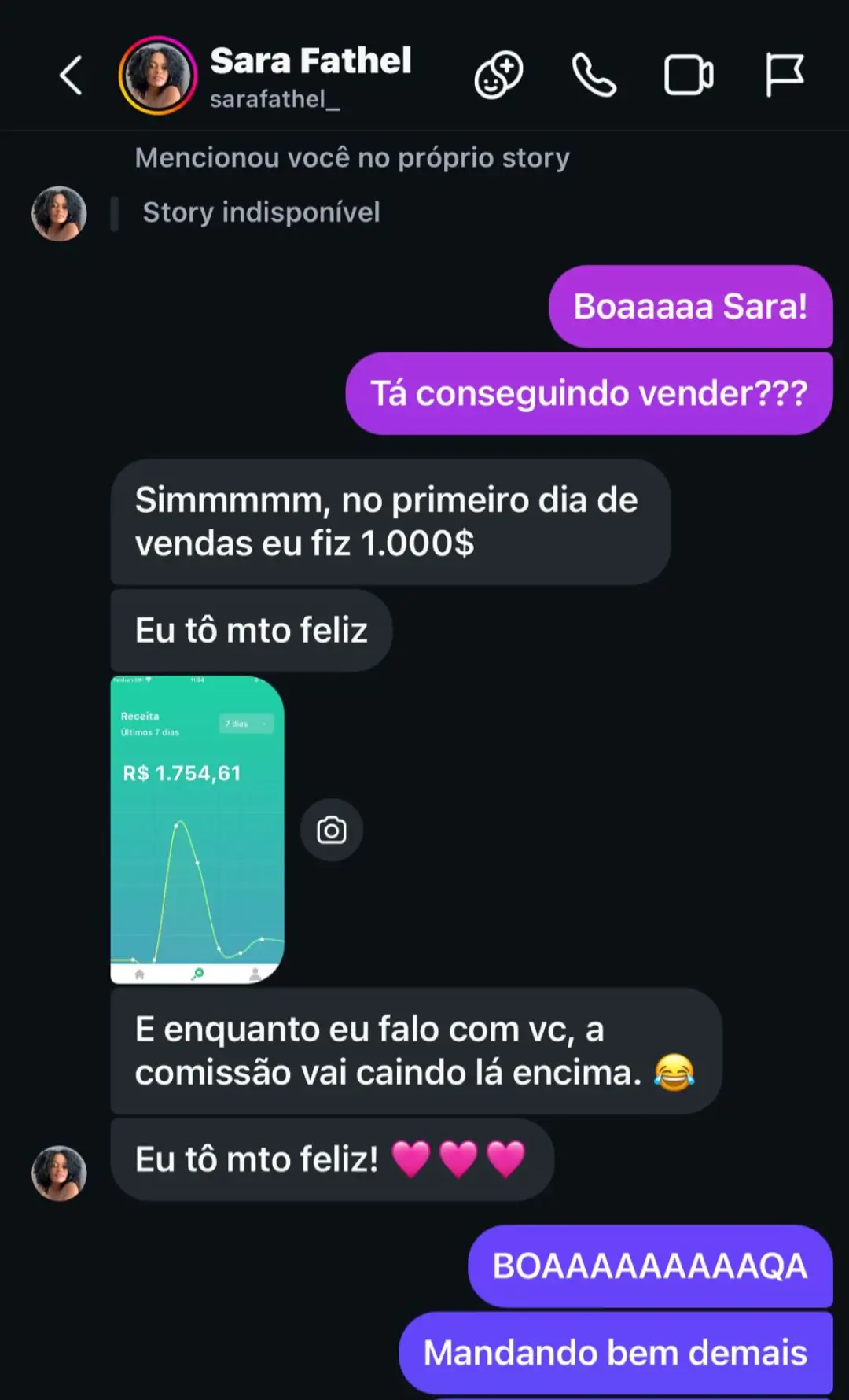 Print do relato de Sara Fathel sobre vendas online